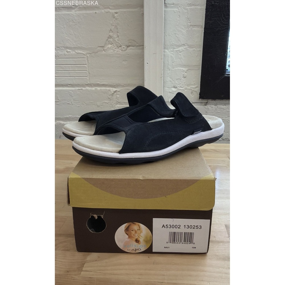 Ryka‎ Kelly Ripa Navy Blue Leather Slide Sandals Women's Size 10W